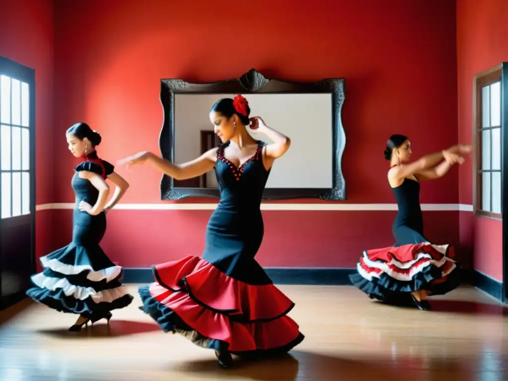 Vibrante academia de flamenco en España, con bailarines apasionados y decoración roja y negra ornamental