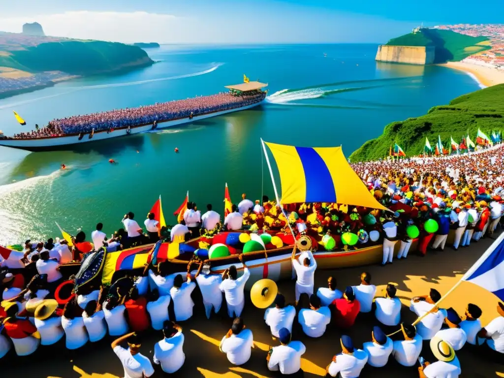 Vibrante procesión fluvial del Círio de Nazaré en Brasil, con barcos adornados y multitudes festivas a lo largo del río