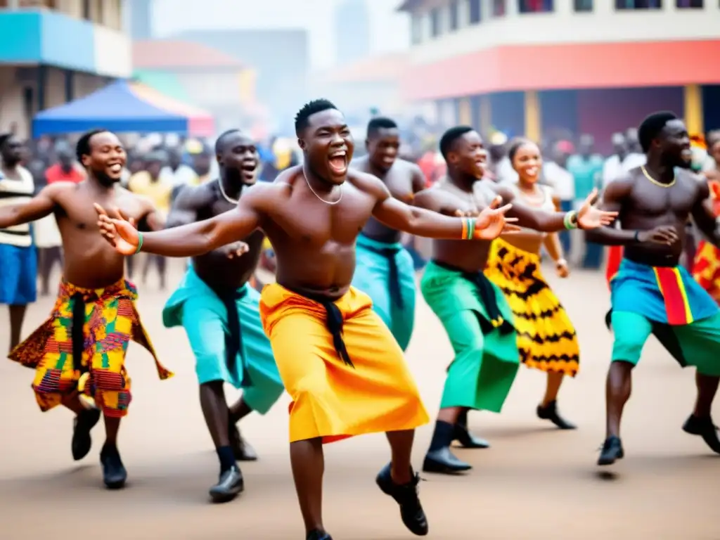 Un vibrante grupo de bailarines ghaneses disfruta la danza Azonto en una concurrida plaza urbana, llena de color y música