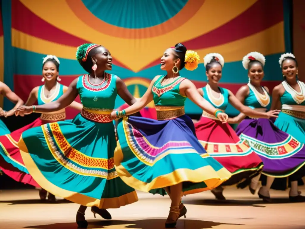 Un vibrante grupo de bailarines tradicionales evoca emociones a través de la música en una presentación llena de color y energía