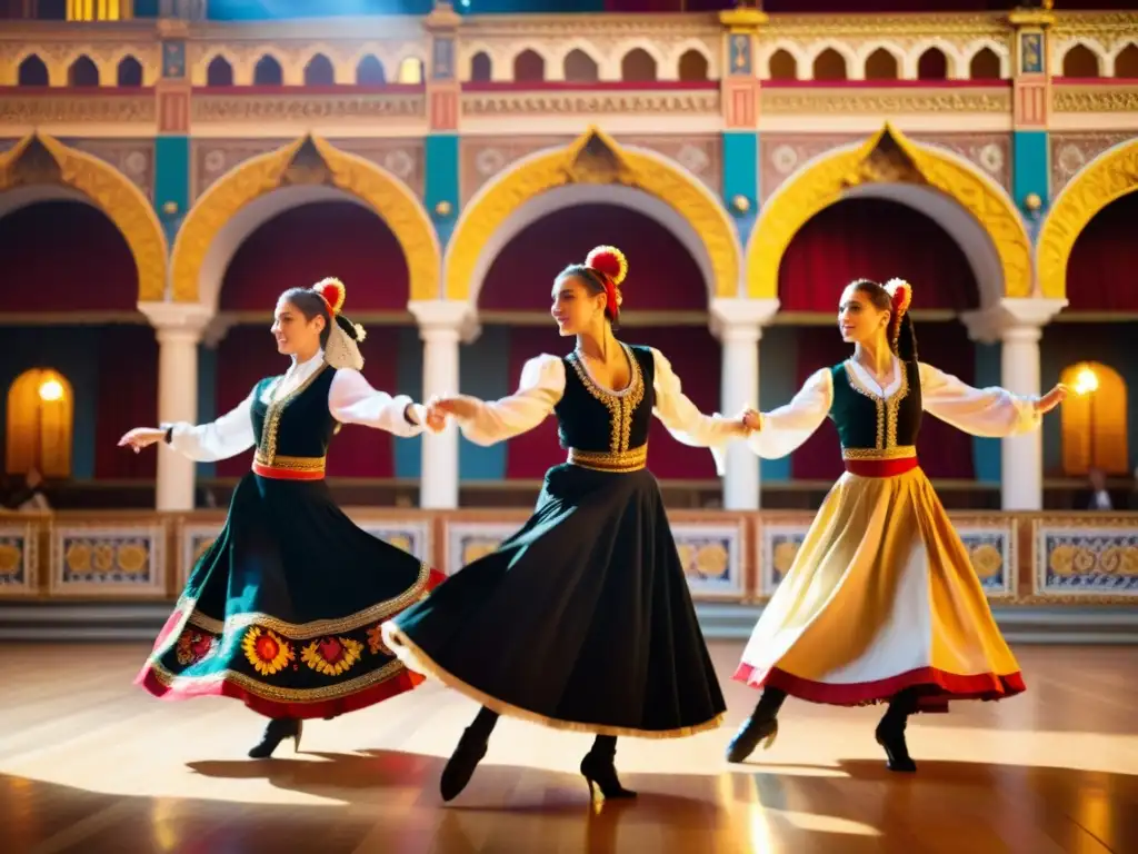 Un vibrante grupo de bailarines en trajes tradicionales balcánicos ejecuta una danza dinámica