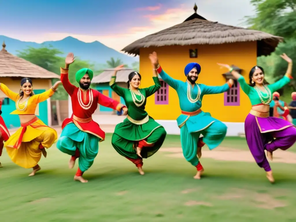 Un vibrante grupo de bailarines vestidos con trajes tradicionales punjabi, ejecutando la enérgica danza Bhangra