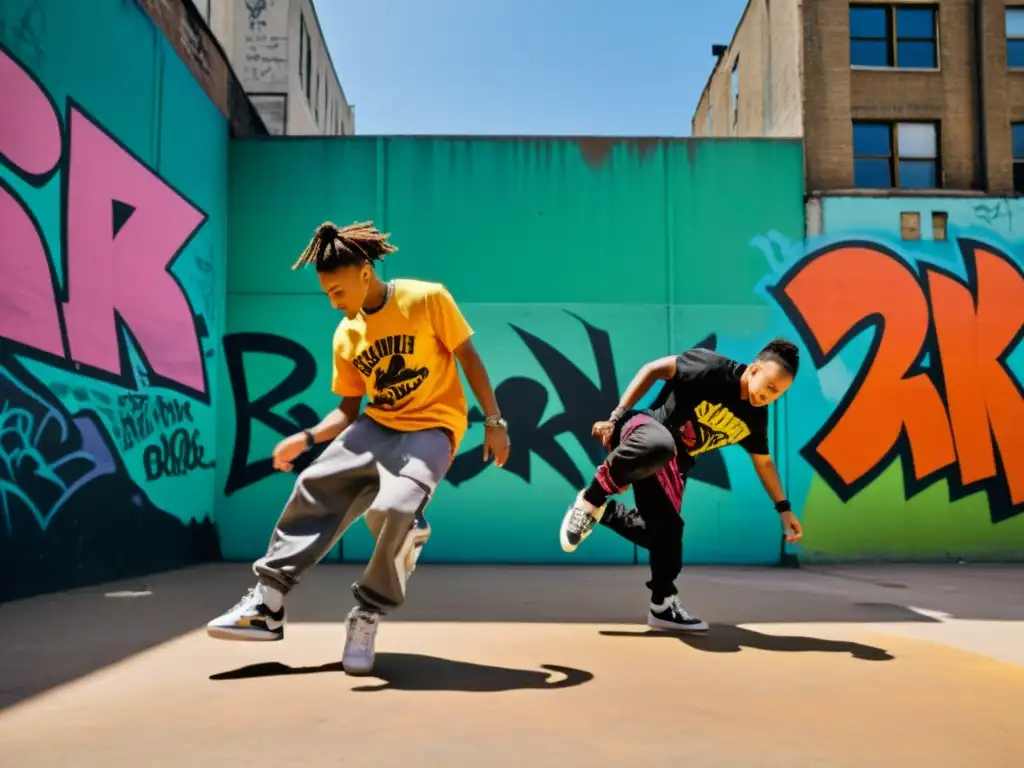 Un vibrante grupo de breakdancers en un entorno urbano, reflejando la autenticidad del breakdance