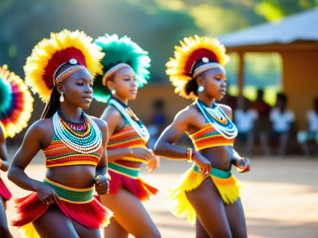 Un vibrante grupo de jóvenes bailarines africanos practica movimientos tradicionales al aire libre, con trajes coloridos