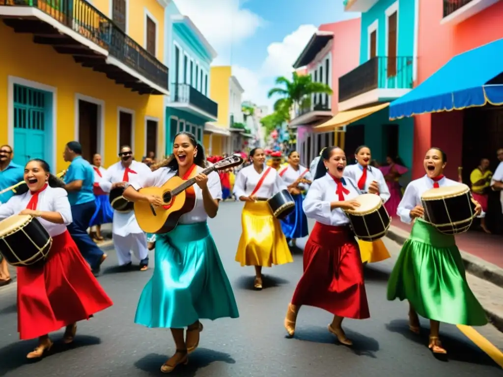 Un vibrante grupo de música plena puertorriqueña tocando en una colorida calle durante una festiva celebración