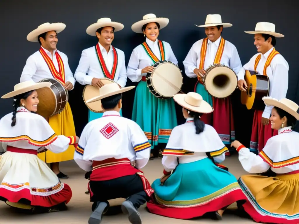 Un vibrante grupo de músicos y bailarines en trajes tradicionales peruanos realizan el Tondero, danza del norte del Perú