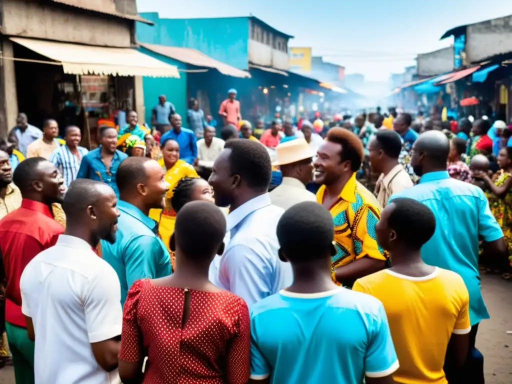 Un vibrante grupo de músicos congoleños toca soukous en las bulliciosas calles de Kinshasa, rodeados de una colorida multitud cautivada por el ritmo