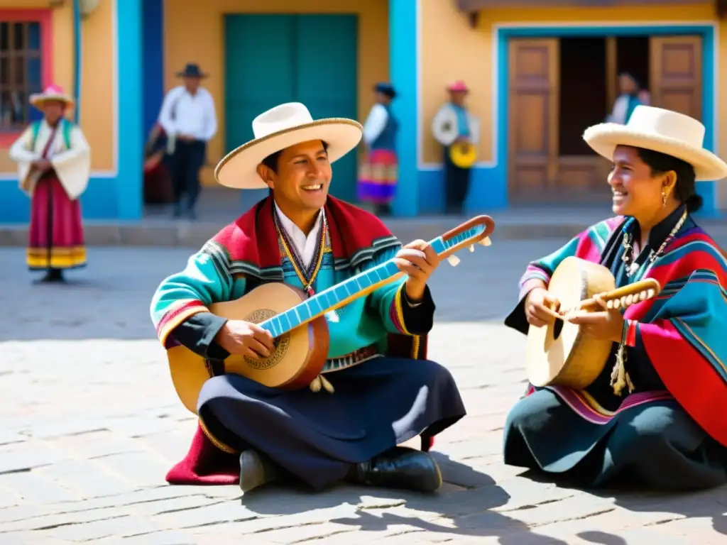 Un vibrante grupo de músicos tradicionales toca instrumentos andinos en una plaza colorida, mientras bailan en trajes típicos