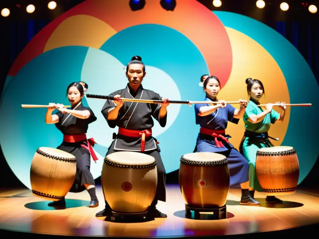 Apasionante actuación de taiko: tradición y modernidad Un vibrante grupo de taiko en ropa tradicional japonesa ejecutando danzas tradicionales japonesas con tambores, mostrando intensidad y precisión