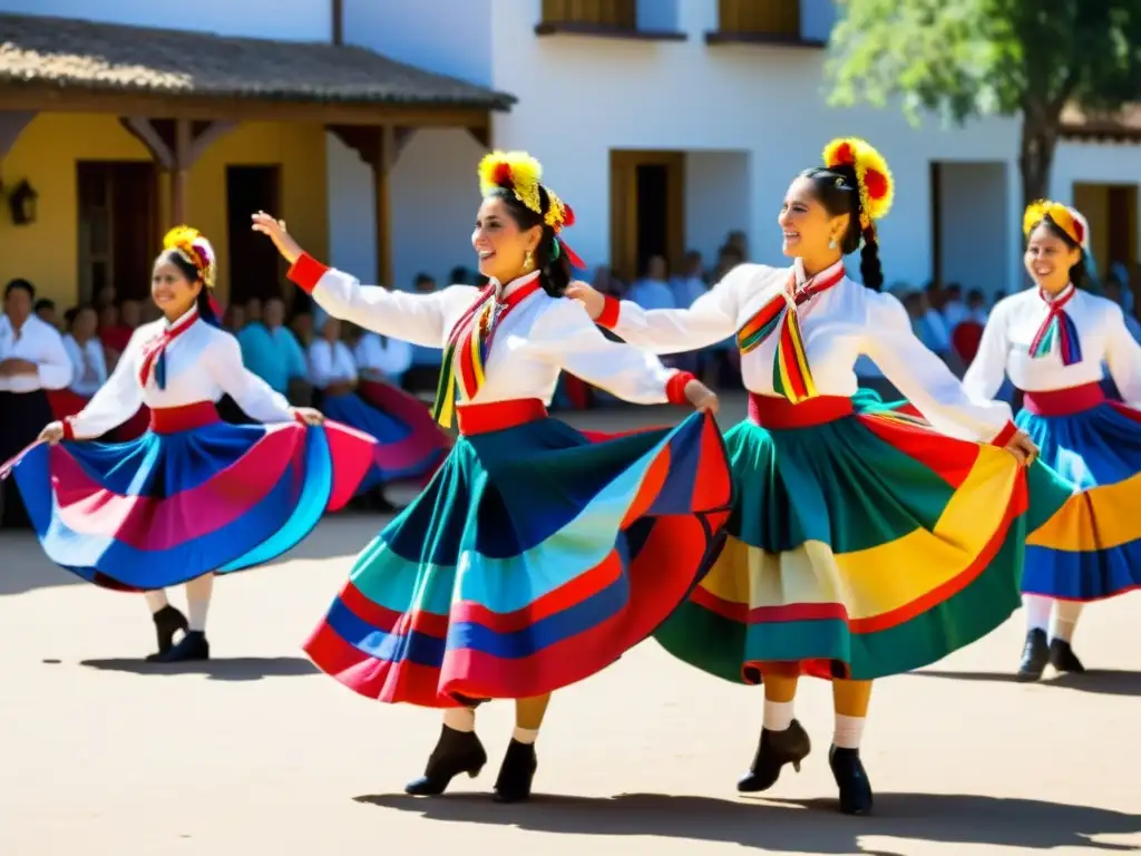 Vibrante interpretación de historias detrás de la Cueca Chilena, con danzarines en trajes tradicionales en movimiento en una plaza chilena