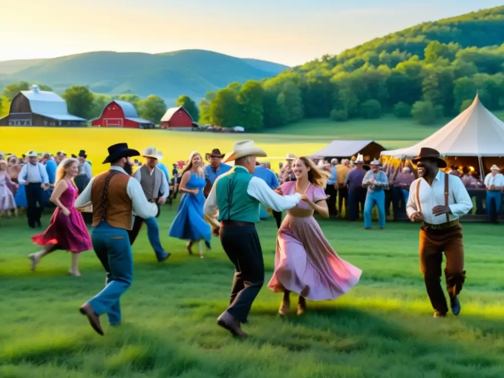 Vibrante hoedown fiesta rural influencia, gente bailando en atuendos tradicionales bajo la cálida luz dorada