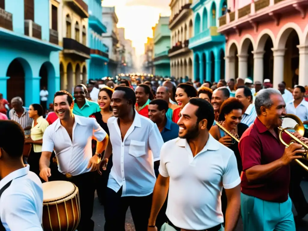 Una vibrante imagen de una concurrida calle en La Habana, Cuba, captura el significado emocional de la Rumba cubana