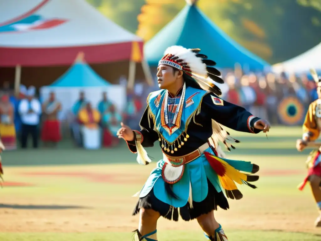 Vibrante imagen de un powwow nativo americano con danzas tradicionales, celebrando la historia y cultura de las danzas tradicionales americanas