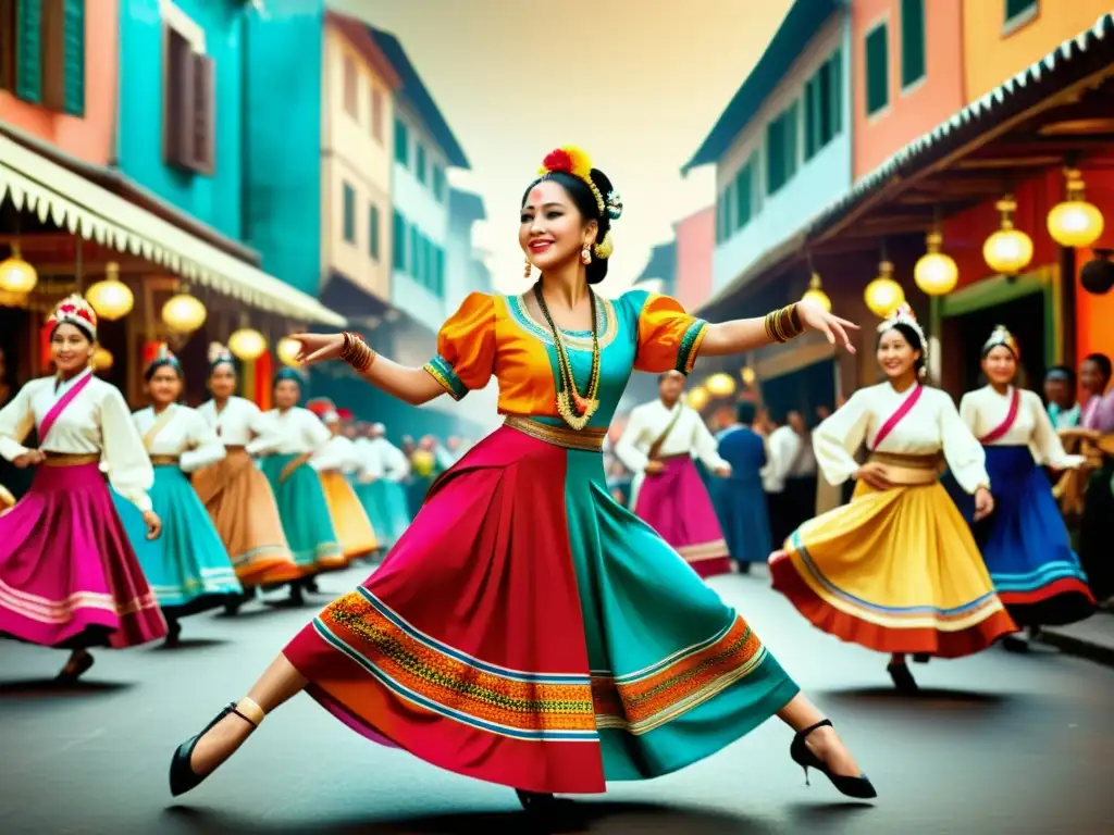 Vibrante imagen vintage de un póster con danzas tradicionales, capturando la gracia y tradición cultural