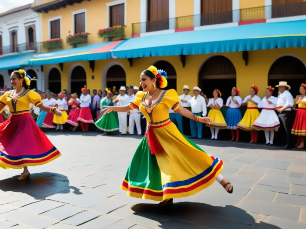 Un vibrante joropo venezolano en la plaza: trajes coloridos, pasión en cada movimiento, espectadores de todas las edades