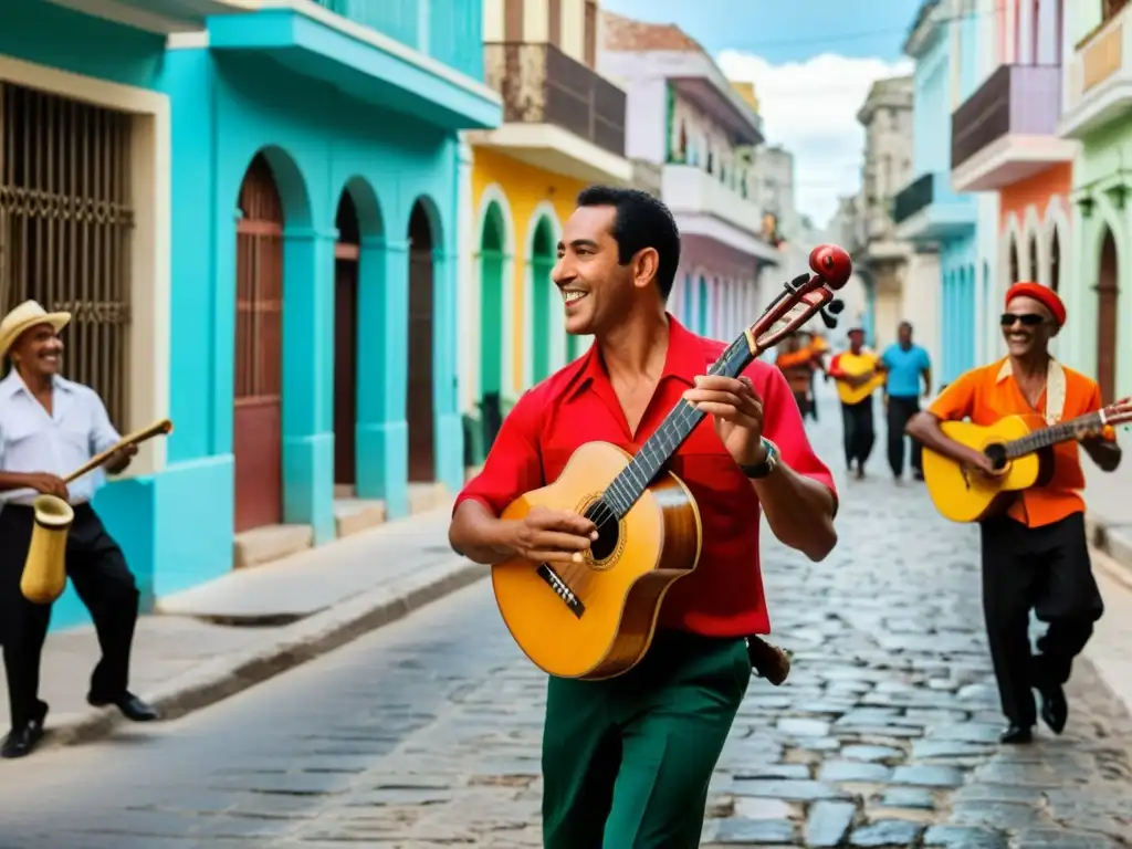 Un vibrante legado del Son Montuno en Cuba: músicos y bailarines capturan la pasión y ritmo de la música cubana en una pintoresca calle colonial