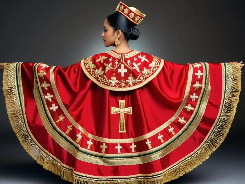 Vibrante manto ceremonial rojo y dorado con influencia religiosa, en danza tradicional latinoamericana