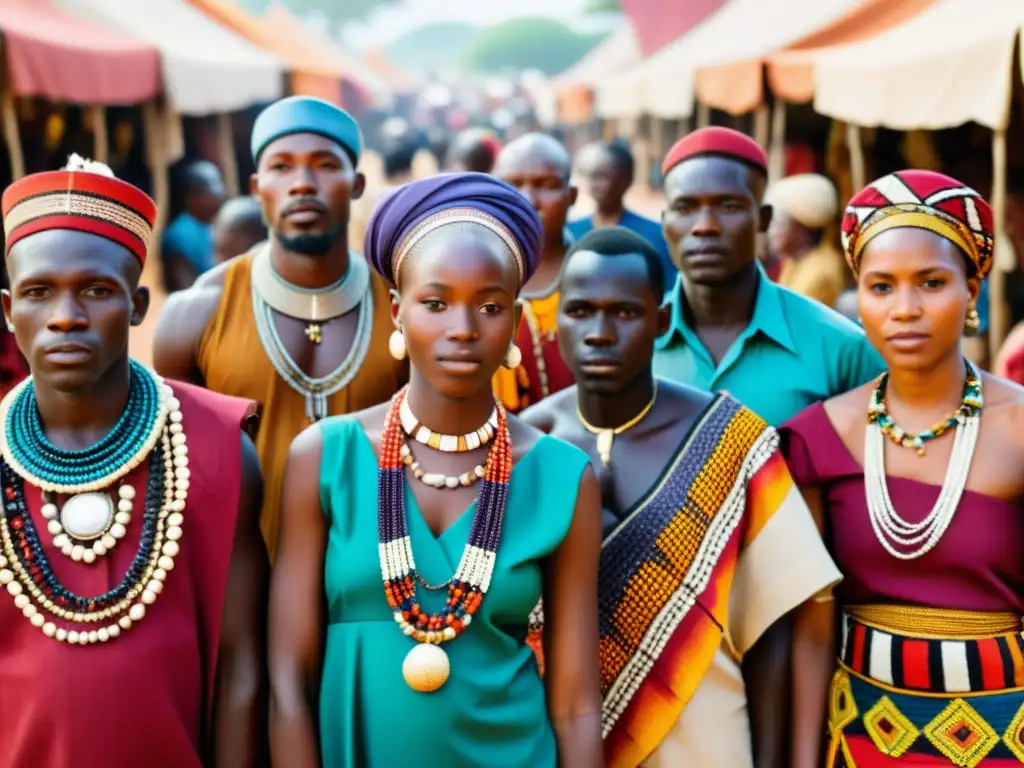 Vibrante mercado africano, gente de diferentes tribus con colorida vestimenta tradicional