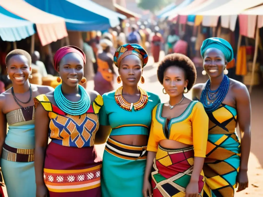 Un vibrante mercado africano donde mujeres lucen significados simbólicos en su vestimenta africana, con detalles y colores únicos