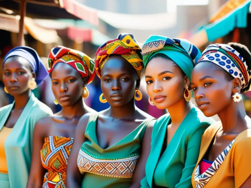 Un vibrante mercado africano donde mujeres llevan turbantes adornados con símbolos tradicionales