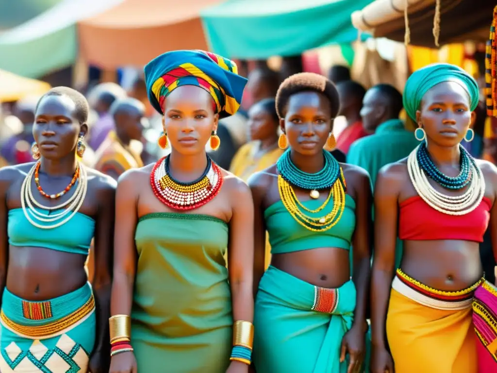 Un vibrante mercado africano con mujeres de diferentes tribus, vistiendo coloridas prendas tradicionales y adornos