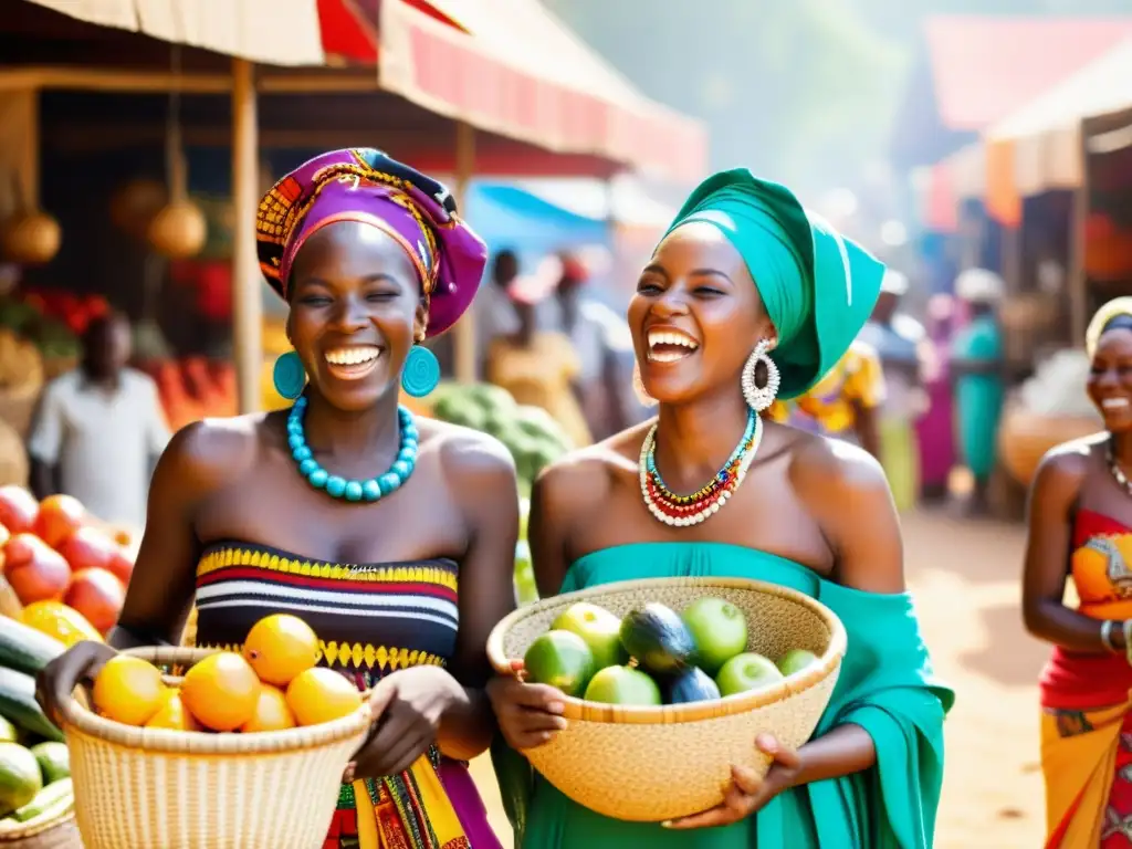 Un vibrante mercado africano con mujeres riendo y vistiendo colorida vestimenta regional, reflejando el significado cultural de África