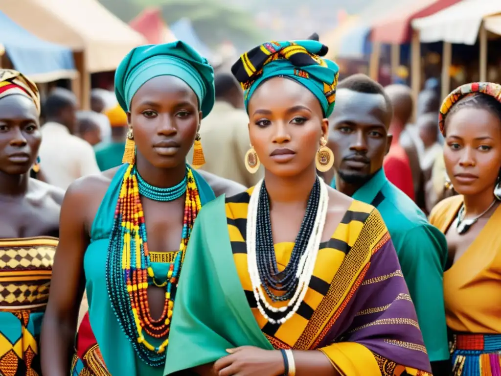 Un vibrante mercado africano con personas vistiendo colorida vestimenta tradicional africana, exudando orgullo y diversidad cultural