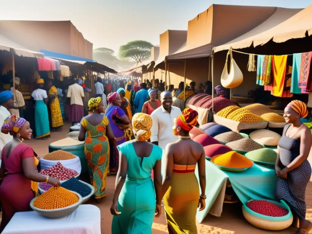 Vibrante mercado africano con ropa tradicional, colores ricos y atmósfera animada