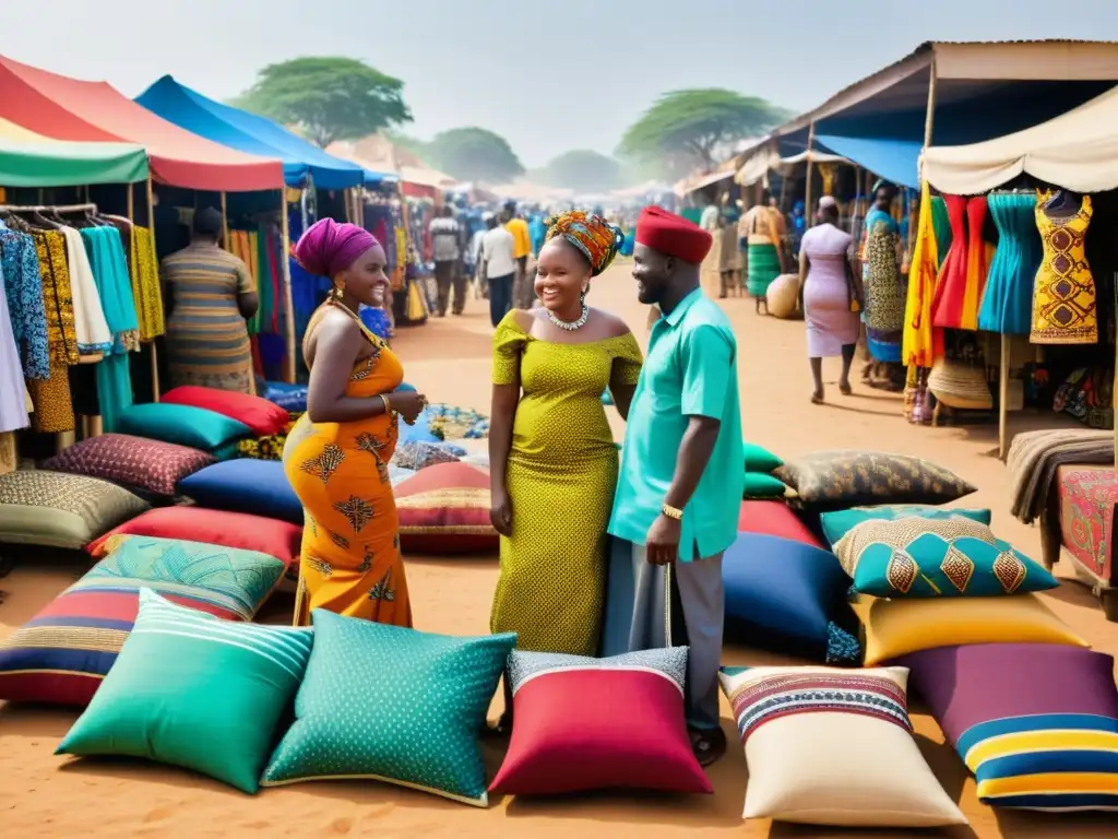 Vibrante mercado africano con significado cultural vestimenta africana en coloridos textiles y prendas