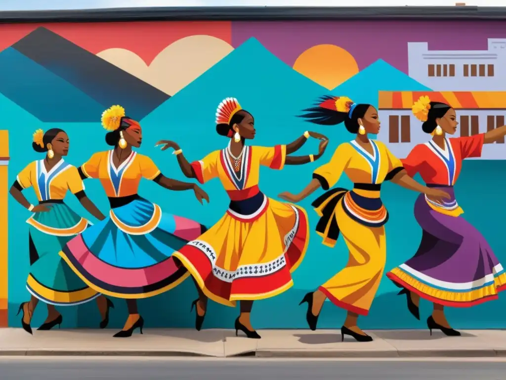 Un vibrante mural de danzas patrimoniales captura la gracia de los movimientos en un escenario urbano