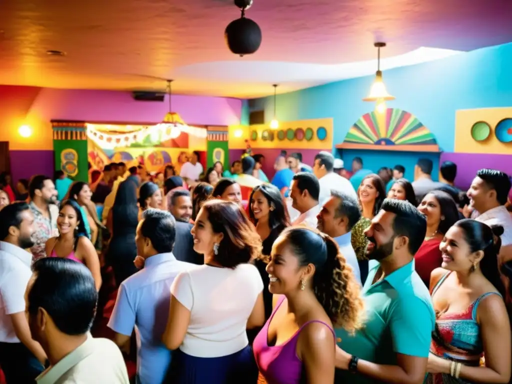 Una vibrante noche de cumbia en un club colorido, con gente de todas las edades y orígenes disfrutando del ritmo contagioso