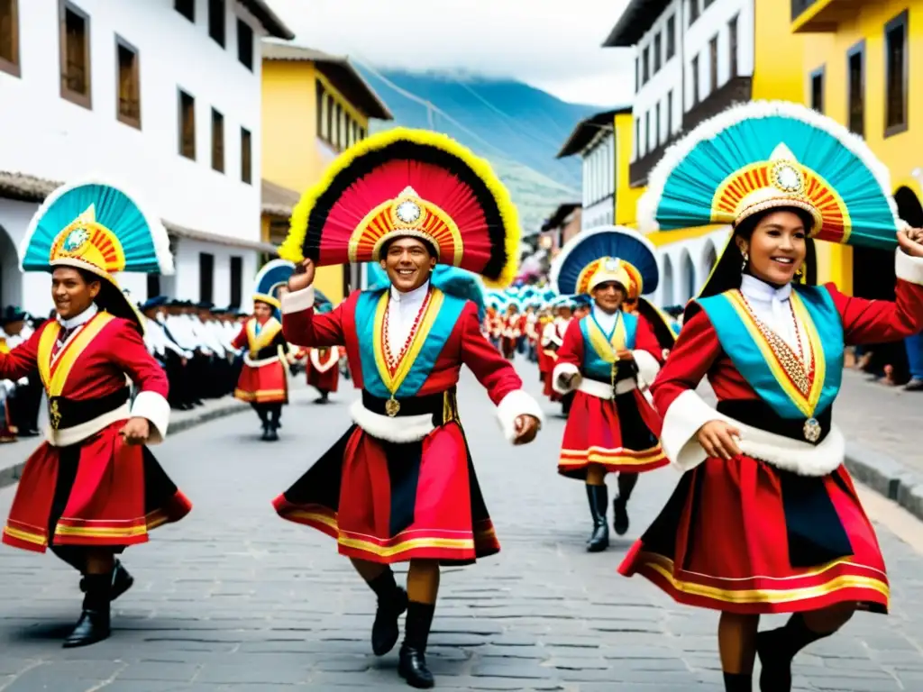 Vibrante pasacalle ecuatoriano: danzas, músicos y tradición viva llenan las calles coloniales