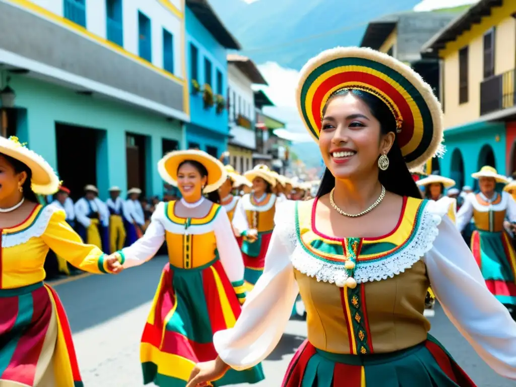 Vibrante Pasacalle ecuatoriano, con danzas, colores y tradiciones vivas en las calles soleadas