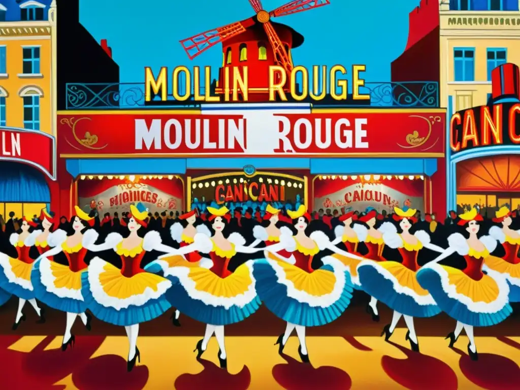 Vibrante pintura del cancan en el Moulin Rouge, con bailarinas, plumas y un público animado