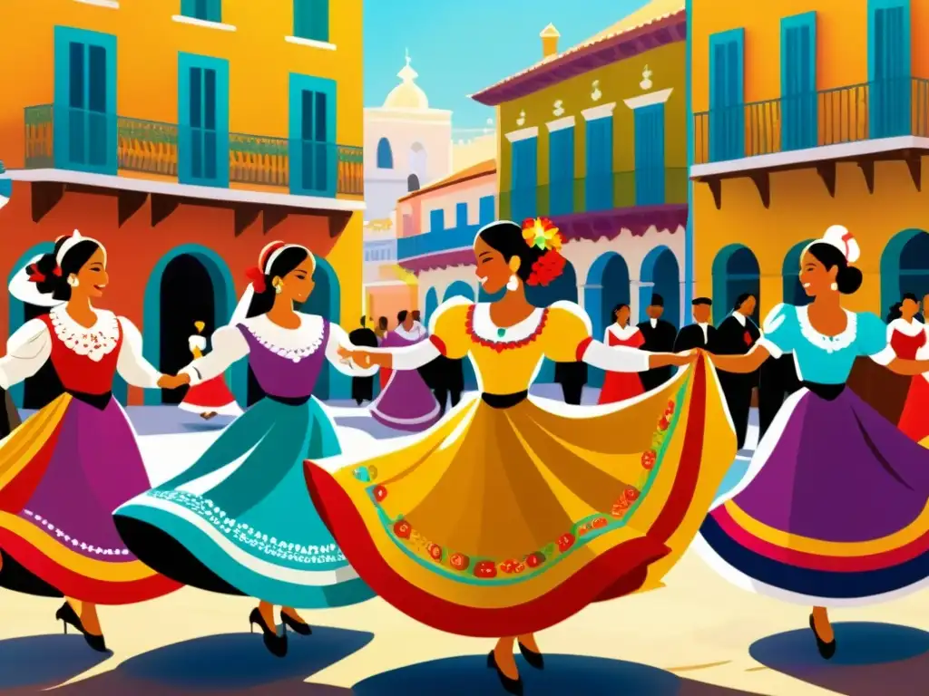 Vibrante pintura de contradanza, capturando la energía y significado cultural de la Contradanza con detalles intrincados y colores festivos