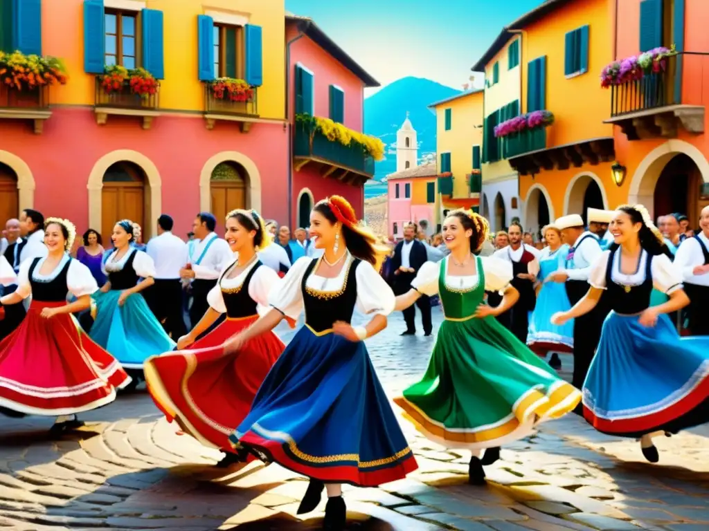Vibrante pintura digital de bailarines italianos en trajes tradicionales, disfrutando de la danza en una plaza de pueblo