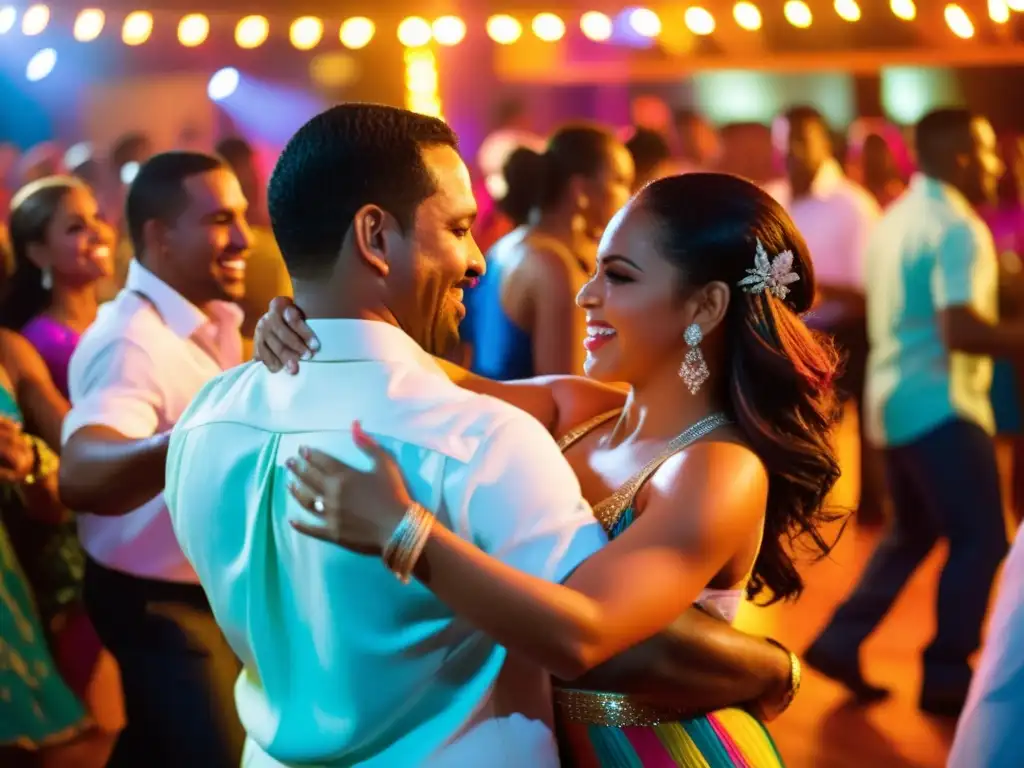 Una vibrante pista de baile en República Dominicana, llena de parejas bailando bachata