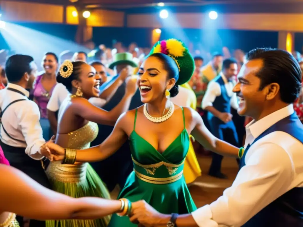 Vibrante pista de baile en evento de Forró brasileño historia y técnica en el nordeste de Brasil, con coloridos trajes y movimientos apasionados