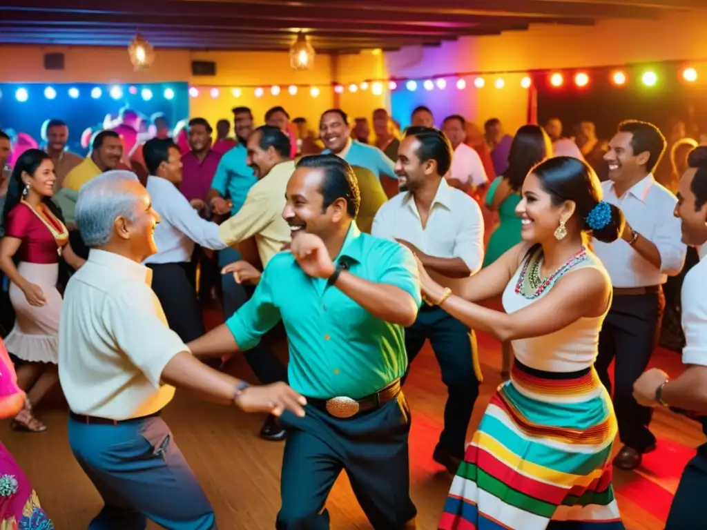 Una vibrante pista de baile llena de gente disfrutando de la evolución histórica de la cumbia con trajes tradicionales y luces coloridas