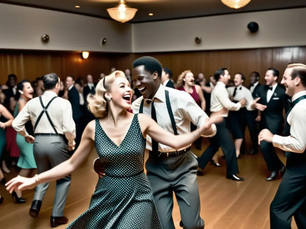 Vibrante pista de baile llena de bailarines entusiastas en atuendos vintage, expresando la alegría y camaradería del significado cultural danza Swing