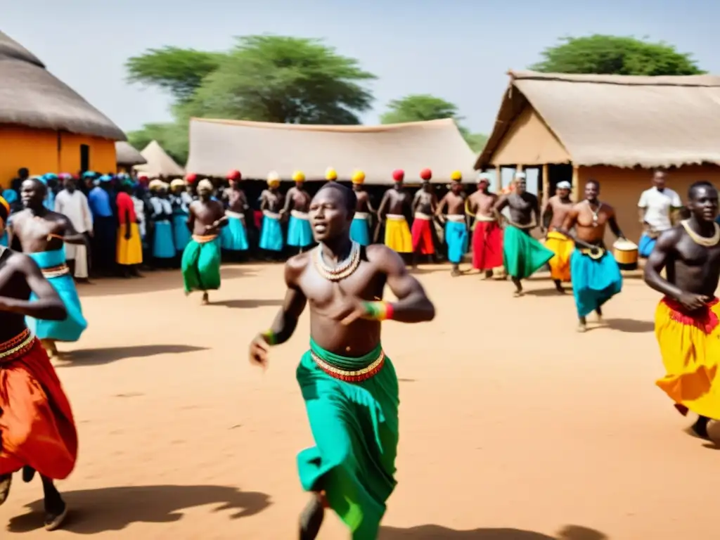 Vibrante plaza senegalesa con danza, percusión y aldeanos en Retiros de danza y percusión en Senegal