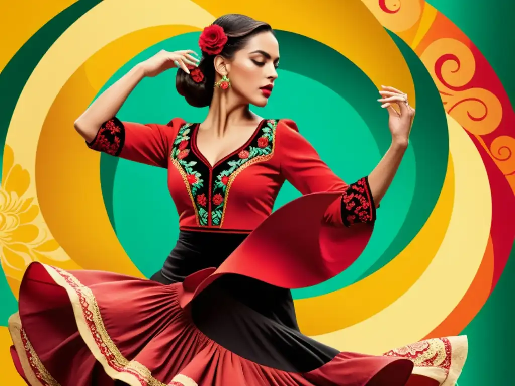 Vibrante póster vintage de bailarina de flamenco capturando la pasión y energía de la danza española