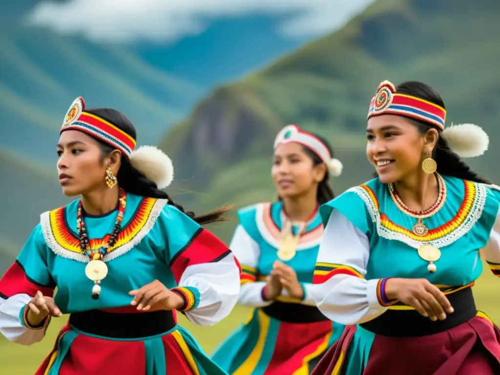 Un vibrante retrato del significado cultural del Sanjuanito Ecuatoriano, con músicos y bailarines indígenas en trajes coloridos celebrando la tradición