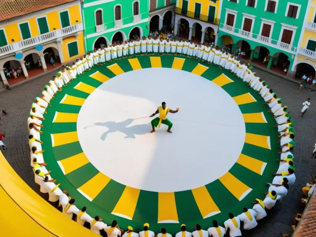 Una vibrante roda de capoeira en Salvador, Brasil, con participantes y espectadores disfrutando del ritmo del berimbau