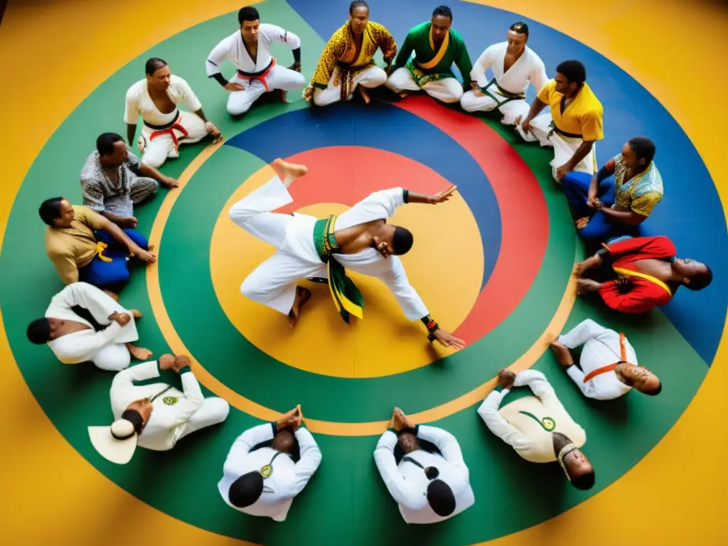 Una vibrante roda de Capoeira con participantes en atuendos coloridos, representando la energía y la tradición de la Capoeira