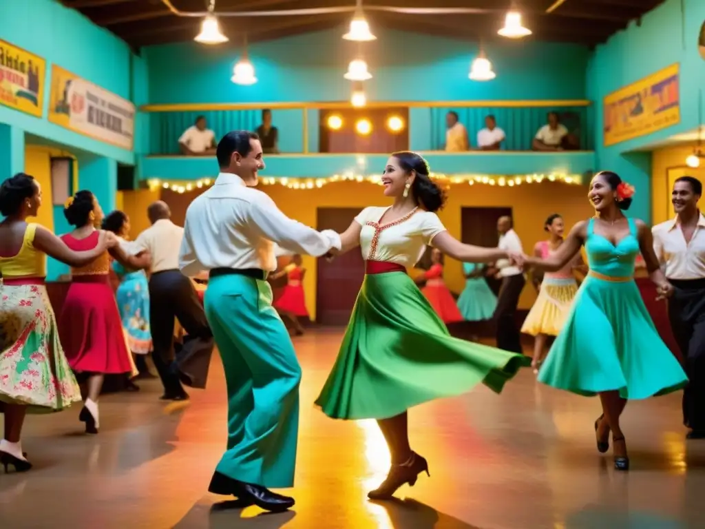 Vibrante sala de baile cubana con legado del Son Montuno en Cuba: bailarines, música y ambiente nostálgico