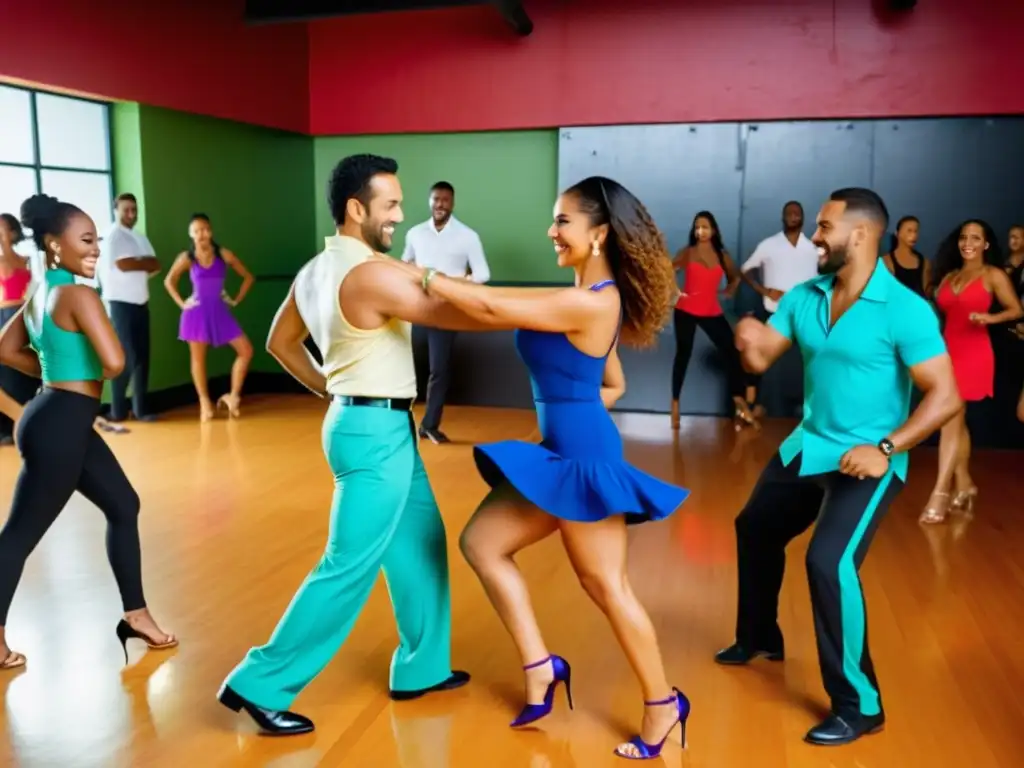 Un vibrante salón de baile con una pareja de instructores y alumnos, disfrutando de clases de salsa cubana en pareja