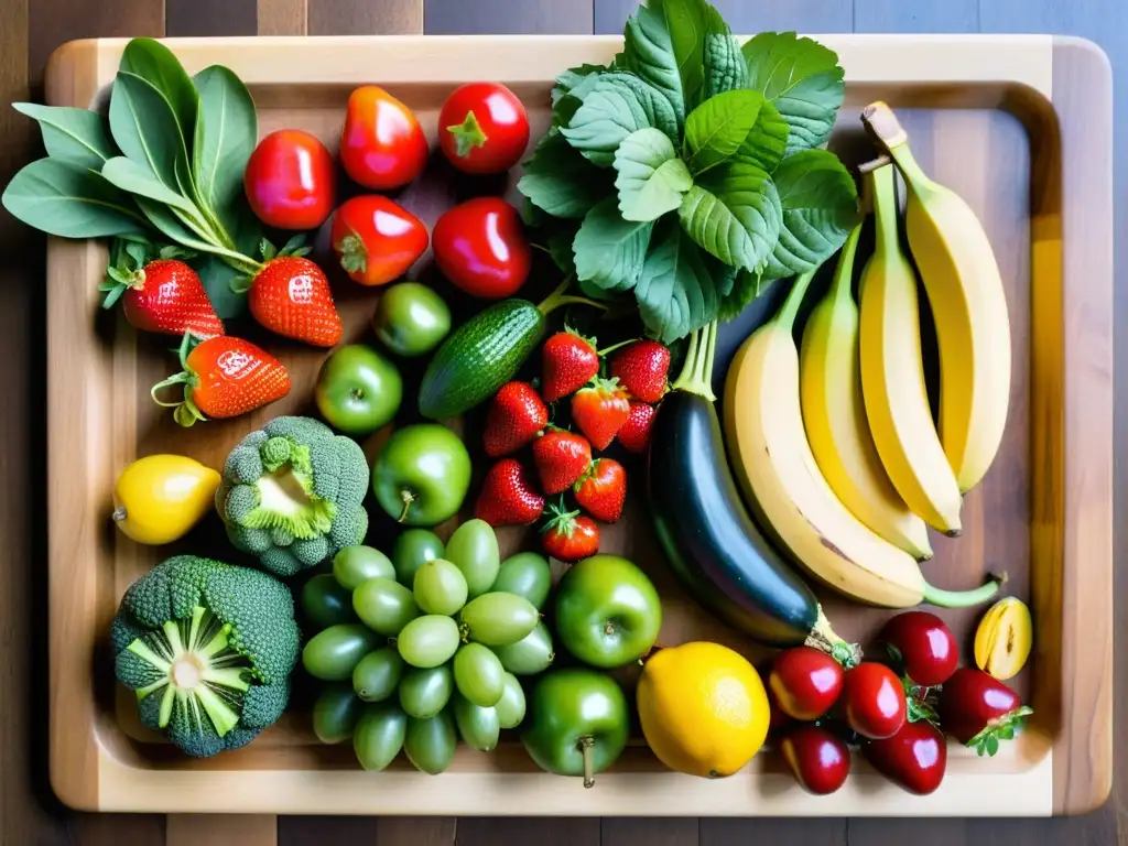 Una vibrante selección de frutas y verduras frescas en tabla de madera