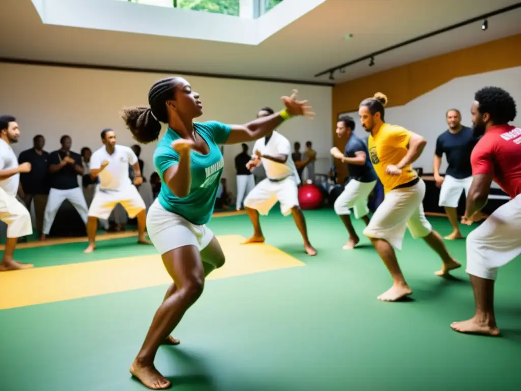 Vibrante taller de capoeira con movimientos y música afrobrasileña