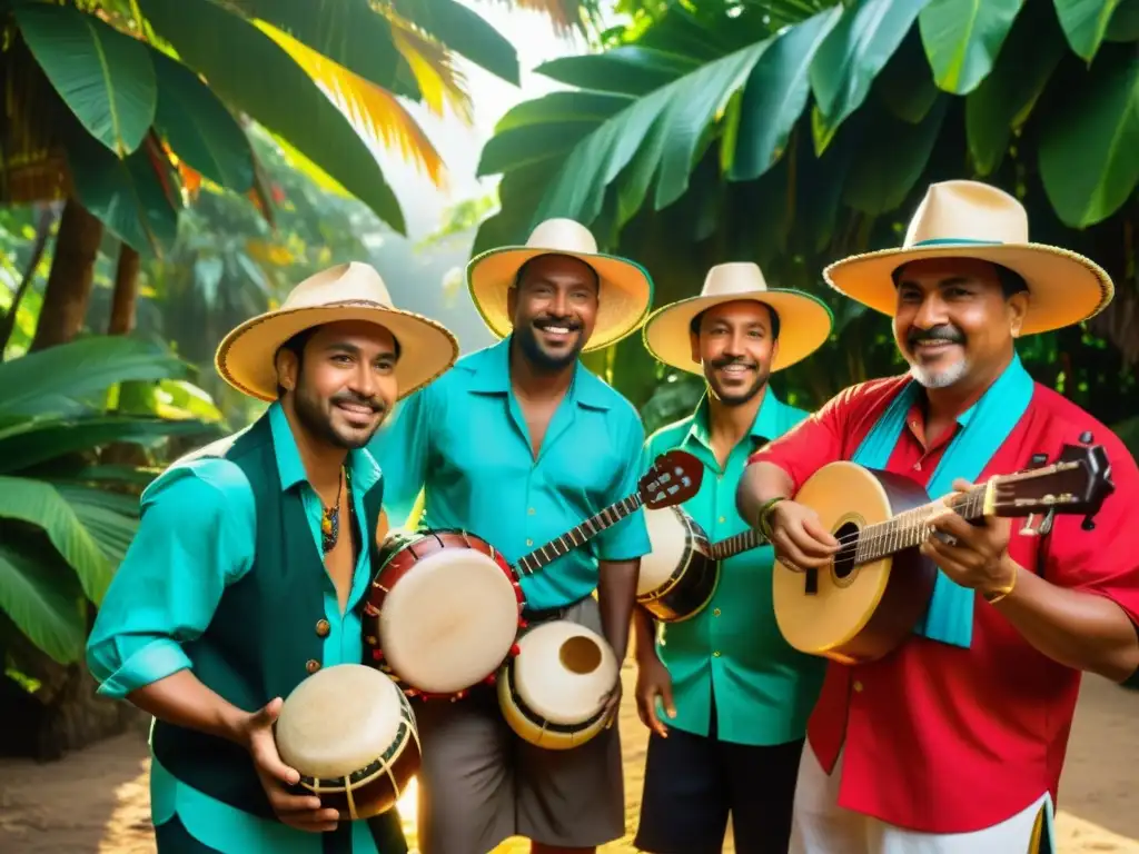 Un vibrante taller de cumbia colombiana Caribe con músicos, instrumentos tradicionales y exuberante vegetación tropical